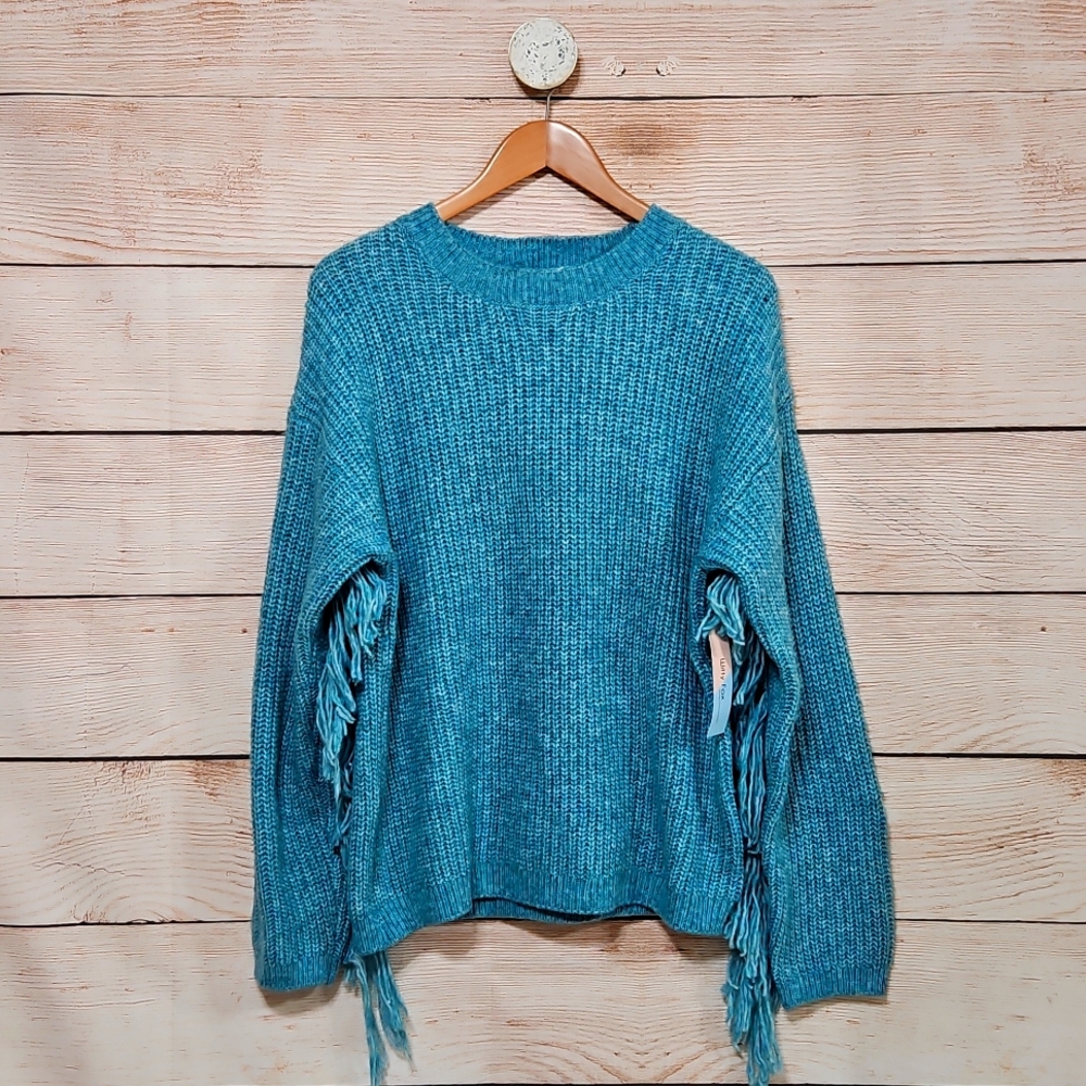 NWT Witty Fox Heathered Teal Fringe Crew Neck Knit Sweater XL